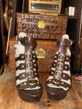 Michael Kors Brown Leather Studded Platform Gladiator Sandals